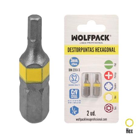 PUNTAS DESTORNILLADOR HEXAGONAL 3,0 MM. (2 PIEZAS). ACERO S2 AL CROMO VANADIO. PUNTAS HEXAGONALES, DESTORPUNTAS,