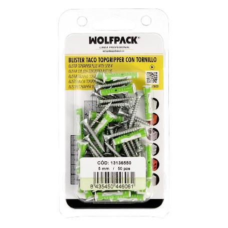 BLISTER TACOS TOPGRIPPER BIMATERIAL CON TORNILLOS Ø 5 MM. 50 PIEZAS TACO ANCLAJE UNIVERSAL, TACO HORMIGON, TACO PLA