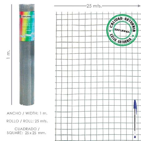 MALLA ELECTROSOLDADA GALVANIZADA 25X25 / 1,60 / 100 CM. GD ROLLO 25 METROS.