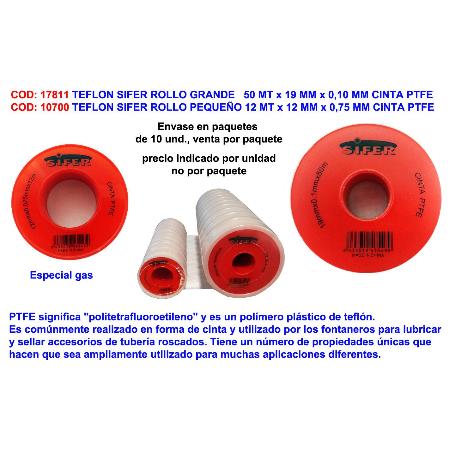 SIFER CINTA TEFLON ROLLO PEQUEÑO 12MMX12 M X 0,075MM CINTA PTFE (CAJA 10 UNIDADES)