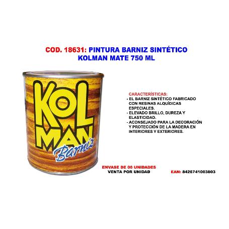 PINTURA BARNIZ SINTETICO KOLMAN MATE 750 ML.