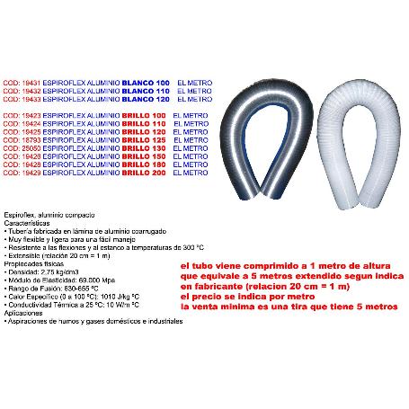 ESPIROFLEX TUBO FLEXIBLE ALU EXTRACCION HUMO BRILLO 180 Ø -METRO (CAJA 5 UNIDADES)