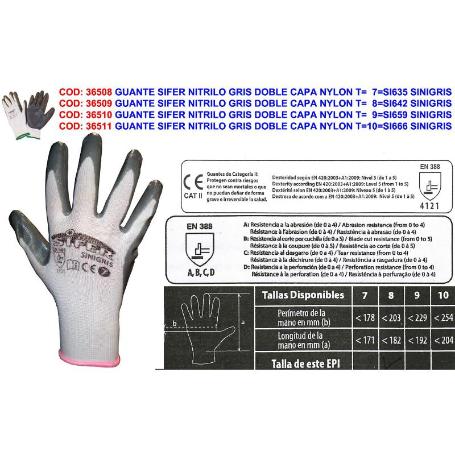 GUANTE SIFER NITRILO GRIS DOBLE CAPA NYLON T-XL10 SINIGRIS IRIS (CAJA 12 UNIDADES)