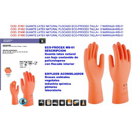 BAJA GUANTE LATEX NATURAL FLOCADO ECO-PROCEX T-9 NARANJA (CAJA 12 UNIDADES)