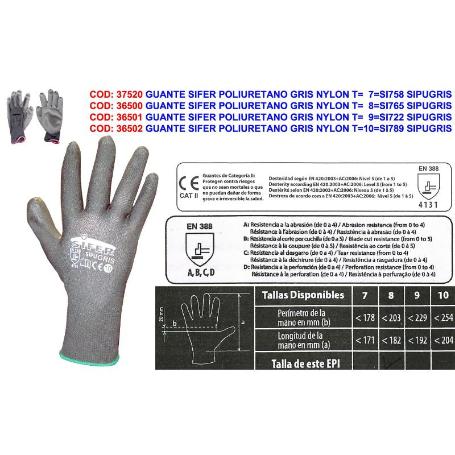 GUANTE SIFER POLIURETANO GRIS NYLON T    7 SI758 SIPUGRIS CRONOS (CAJA 12 UNIDADES)