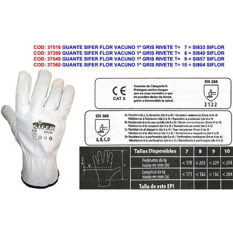 GUANTE SIFER PIEL FLOR VACUNO 1ª GRIS RIVETE T-9 BABIECA (CAJA 12 UNIDADES)