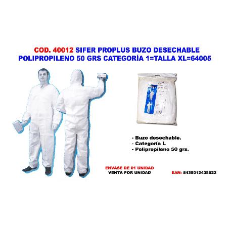 SIFER TRAJE BUZO DESECHABLE POLIP.50GR CATEGORIA 1 TALLA XL