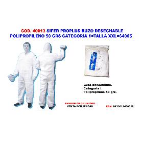 SIFER TRAJE BUZO DESECHABLE  POLIP.50GR CATEGORIA 1 TALLA XXL