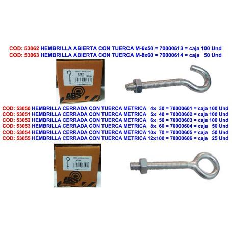 HEMBRILLA-CANCAMO ABIERTA CON TUERCA M-6X50   70000613 (CAJA 100 UNIDADES)