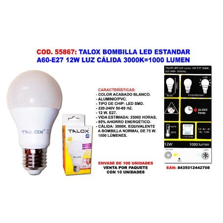 TALOX BOMBILLA LED ESTAND A60-E27 12W L.CALIDA 3000K 1000 LUMEN (CAJA 10 UNIDADES)
