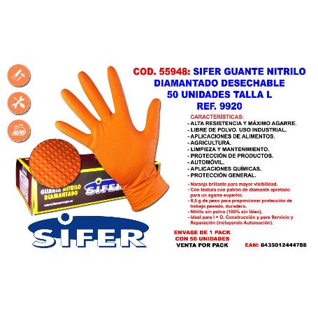 GUANTE SIFER NITRILO 9,5GR 8M DIAMANTADO NARANJA-LION C-50U T-L