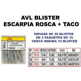 AVL BLISTER ESCARPIA ROSCA ZINCADA + TACO 18X50 2028 (CAJA 15 UNIDADES)