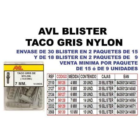 AVL BLISTER TACO GRIS NYLON   6 MM     2134 (CAJA 9 UNIDADES)