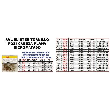 AVL BLISTER TORNILLO POZI C-PLANA 4,0X16 BICROMATADO 3148 (CAJA 15 UNIDADES)