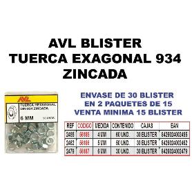 AVL BLISTER TUERCA HEXAGONAL 934 4 MM ZINCADA  2455 (CAJA 15 UNIDADES)