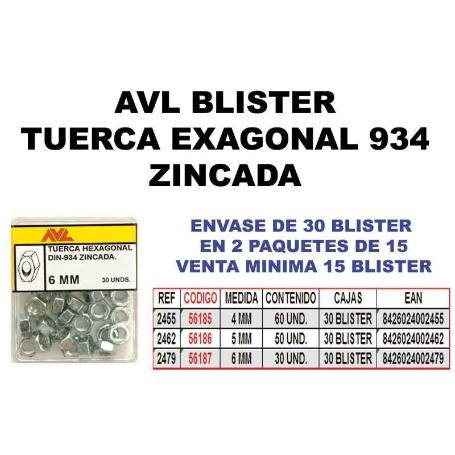AVL BLISTER TUERCA HEXAGONAL 934 4 MM ZINCADA  2455 (CAJA 15 UNIDADES)