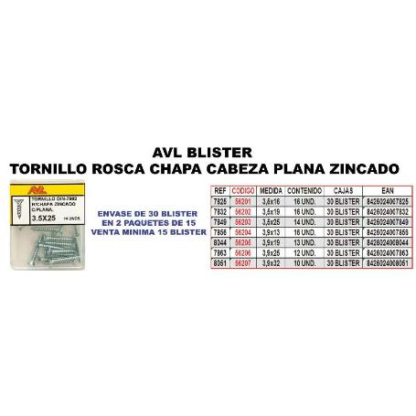 AVL FINSTOCK BLISTER TORNILLO ROSCA CHAPA 3,5X25 C-PLANA 7849 (CAJA 15 UNIDADES)