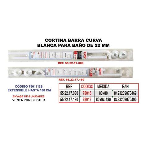 CORTINA BAÑO BARRA CURVA 22 MM BLANCA 80X94 EXTENS.180 CM