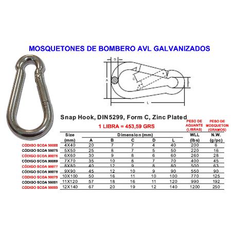 MOSQUETONES BOMBERO AVL DE   6X  60 GALVANIZADO (CAJA 25 UNIDADES)