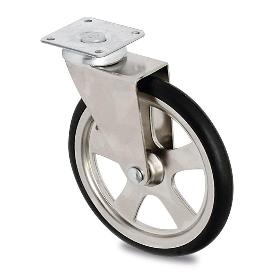 RUEDA GIRATORIA CAMARENA ARO DE GOMA D105 PLÁSTICO CROMO MAX.10KG. PLACA 50X50. H121.