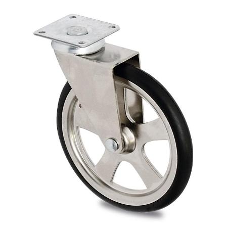 RUEDA GIRATORIA CAMARENA ARO DE GOMA D105 PLÁSTICO CROMO MAX.10KG. PLACA 50X50. H121.