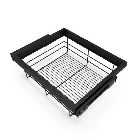 EMUCA KIT DE CESTA DE ALAMBRE Y BASTIDOR DE GUÍAS CON CIERRE SUAVE PARA ARMARIO, REGULABLE, MÓDULO 600MM, NEGRO TEX