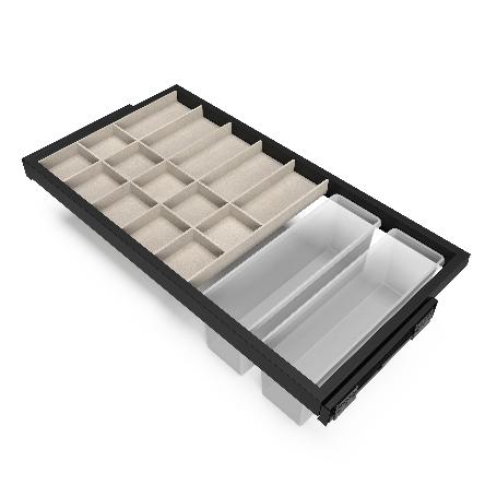 EMUCA KIT DE CAJÓN ORGANIZADOR, BANDEJA AUXILIAR Y BASTIDOR DE GUÍAS CON CIERRE SUAVE PARA ARMARIOS, REGULABLE, MÓD