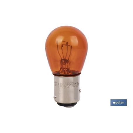 LÁMPARA COFAN 2 POLOS ÁMBAR DESCENTRADA P21/5W (BAZ15D) 12V   CAJA 10 UNID.