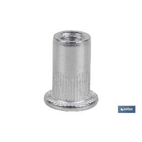 TUERCAS REMACHABLES CILÍNDRICAS RANURADAS FONDO ABIERTO CABEZA ANCHA ALUMINIO M8 X 16   CAJA 250 UNID.