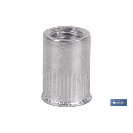 TUERCAS REMACHABLES CILÍNDRICAS RANURADAS FONDO ABIERTO CABEZA REDUCIDA ALUMINIO M8 X 15,5   CAJA 250 UNID.