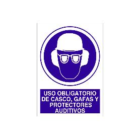 SEÑAL ADHESIVA 148X105MM. USO OBLIGATORIO DE CASCO, GAFAS Y PROTECTORES AUDITIVOS