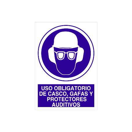 SEÑAL POLIESTIRENO  210X148MM. USO OBLIGATORIO DE CASCO, GAFAS Y PROTECTORES AUDITIVOS