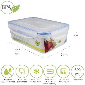 RECIPIENTE HERMETICO PLASTICO RECTANGULAR 800 ML. 20.5X13X6 (ALT.) CM.