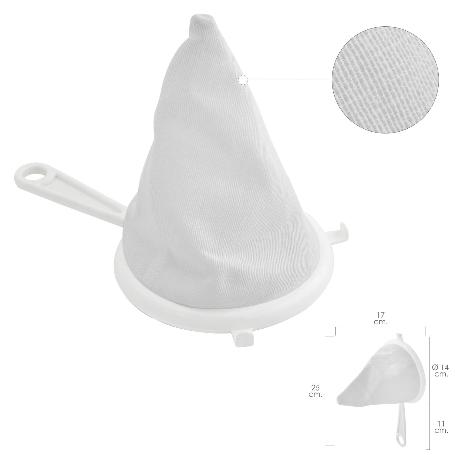 COLADOR TELA FRANELA ARMAZÓN DE PLASTICO Ø 14 CM. CON 2 GANCHOS
