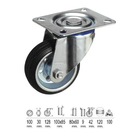 RUEDA INDUSTRIAL GOMA NEGRA PLACA  100 MM.