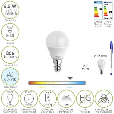 BOMBILLA LED ESFERA ROSCA E14. 6.5 WATT. EQUIVALE A 55 WATT. 806 LUMENES. LUZ FRÍA 6500º K.