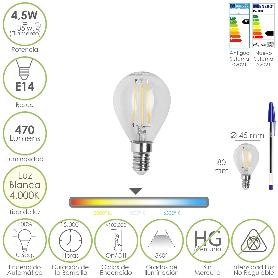 BOMBILLA LED FILAMENTO ESFERA ROSCA E14. 4,5 WATT. EQUIVALE A 35 WATT. 470 LUMENES. LUZ NEUTRA 4000º K.