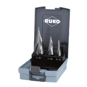 RUKO-101026RO-JUEGO DE 3 BROCAS ESCALONADAS HSS ESTRIADO EN ESPIRAL, TAMAÑOS 0/9, 1, 2 EN ESTUCHE DE PLÁSTICO