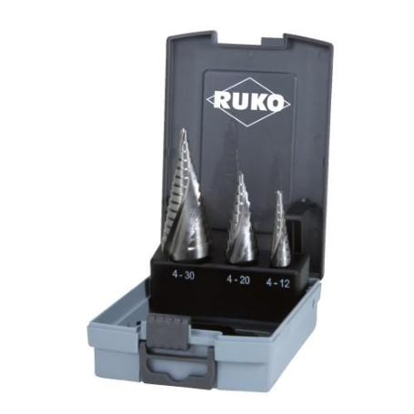 RUKO-101026RO-JUEGO DE 3 BROCAS ESCALONADAS HSS ESTRIADO EN ESPIRAL, TAMAÑOS 0/9, 1, 2 EN ESTUCHE DE PLÁSTICO