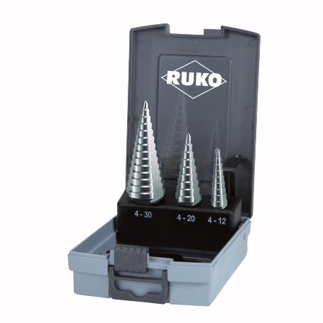 RUKO-101326RO-JUEGO DE 3 BROCAS ESCALONADAS HSS 3 CANALES DE SALIDA (0/9,1 Y 2)