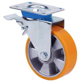 RUEDA GIRATORA PLACA FRENO 10TVFD160-AUB ALUMINIO-POLIUR.NARANJA EJE BOLAS