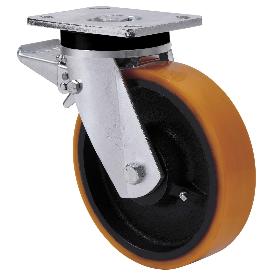 RUEDA GIRATORA PLACA FRENO 10SLRFD150-HUB HIERRO-POLIUR.NARANJA EJE BOLAS