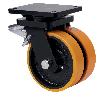 RUEDA GIRATORA PLACA FRENO 10HLGFD200-HUB HIERRO-POLIUR.NARANJA(DOBLE) BOLAS