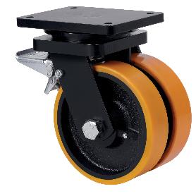 RUEDA GIRATORA PLACA FRENO 10HLGFD250-HUB HIERRO-POLIUR.NARANJA(DOBLE) BOLAS