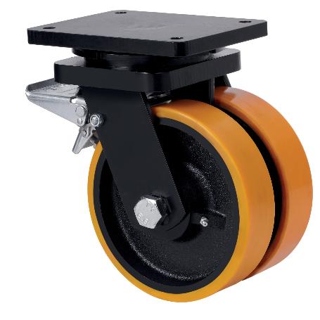 RUEDA GIRATORA PLACA FRENO 10HLGFD250-HUB HIERRO-POLIUR.NARANJA(DOBLE) BOLAS