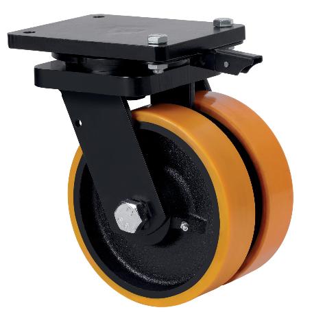 RUEDA GIRATORA PLACA MEC.DIR.10HLGMD250-HUB HIERRO-POLIUR.NARANJA(DOBLE)BOLAS