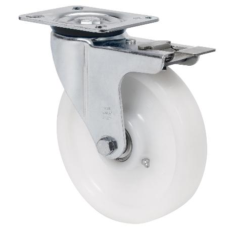 RUEDA GIRATORA PLACA FRENO 4MM 10ZVRFD150-FT NYLON BLANCO EXTRAFUERTE LISO