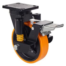 RUEDA GIRATORA PLACA FR.10HLSEFN150-HUB SUSPENSION HIERRO-POLIUR.NARANJ.BOLAS