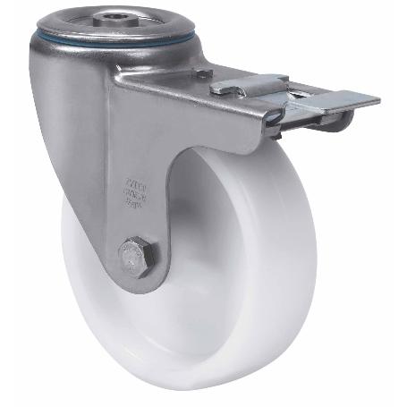 RUEDA GIRATORA AGUJERO M12 FRENO INOX.20ZVLIFD100-UT POLIAMIX BLANCO EJE LISO