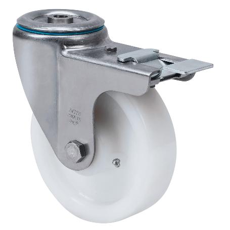 RUEDA GIRATORA AGUJERO M12 FRENO INOX.20ZVLIFD100-FT NYLON BLANCO EXTRAF.LISO